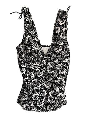 Kona Sol Black and White Floral Cinch Shoulder Swimsuit Tankini Top Size Large